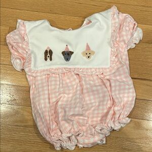 Smocked Flamingo girls 12m bubble romper pink gingham dog party hats